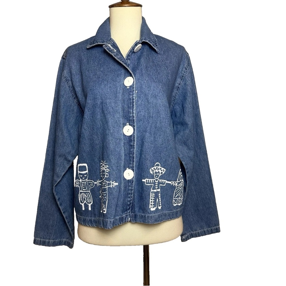 Vintage On The Rocks Blue Denim Shirt Painted People Button Up Women’s Size M